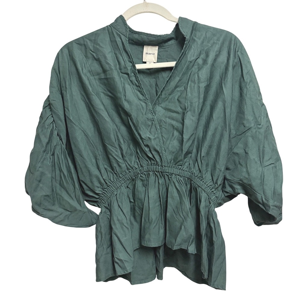 Anthropologie Maeve Green Ruched Peplum Blouse Boho Short Sleeve Linen Blend XS